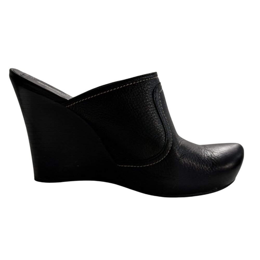 Designer Via Spiga Black Leather Wedge High Heel Mules – Size 6M